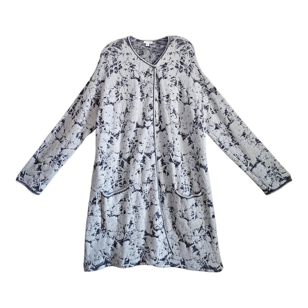 J JILL Women's XL Cardigan Sweater Duster Gray Ivory Abstract Midi Cotton Blend